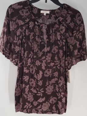NWT Angels Forever Young Women's Brown Floral Blouse w pink Flowers Sz Med